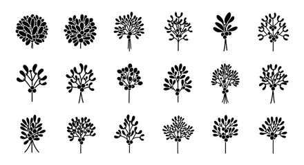 Collection of various black tree silhouettes on white background diverse foliage shapes