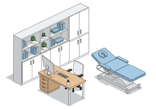 Medical office setup with examination table, storage, and workstation in a clinical environment viewed from an isometric perspective