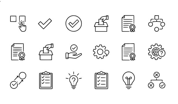 Option and Checkmark Line Icon Set with Choice Selection and Problem Solving Symbols