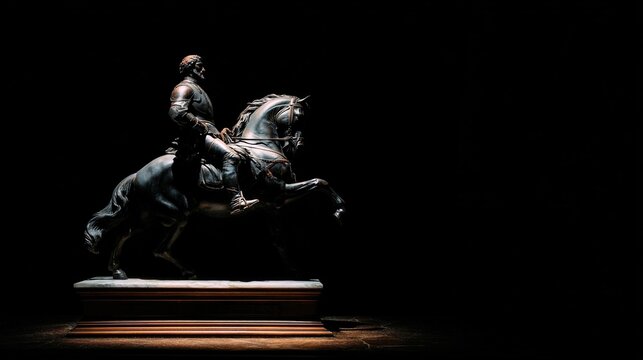 dismounting. Bronze knight statue dismounting horse on stone pedestal, dramatic lighting. event programs, museum guides, designed for cultural heritage projects and event programs, used by chefs.