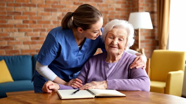 Caring nurse assists elderly woman with book in cozy home setting.