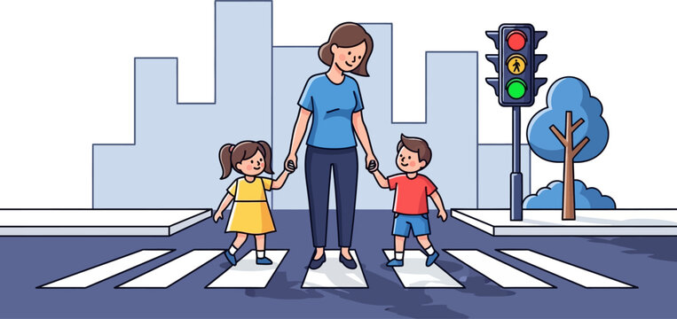 Mother holding hands with children crossing road at pedestrian crossing.