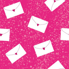 Letters with hearts and splashes seamless pattern hand drawn. White messages on pink.