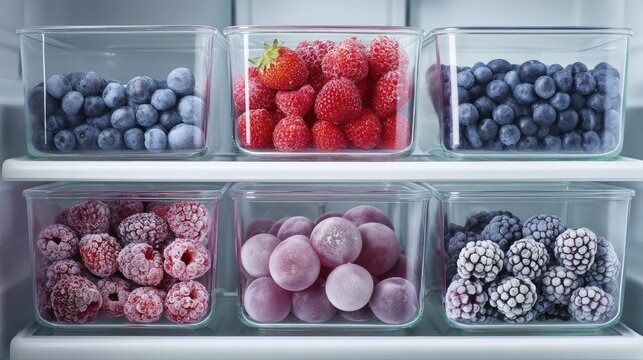 Fresh and Frozen Berries Organized in Glass Storage Containers Inside a Refrigerator