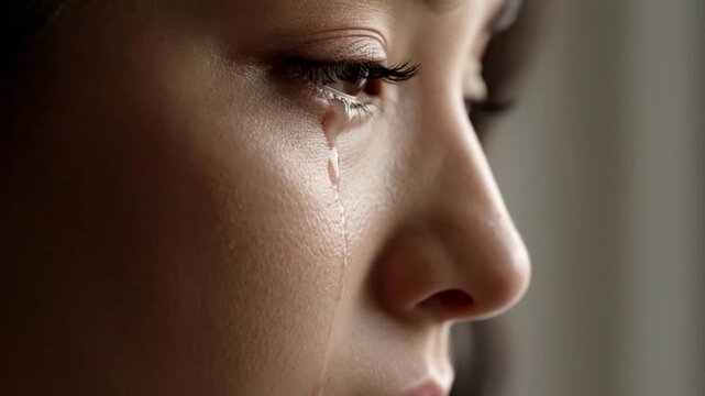 Close-up video portrait of a woman crying alone indoors with tears