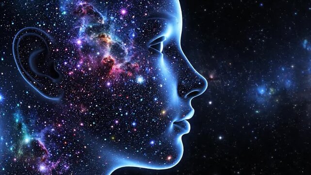 A serene face surrounded by vibrant cosmic elements and stars in a celestial environment viewed from the side
