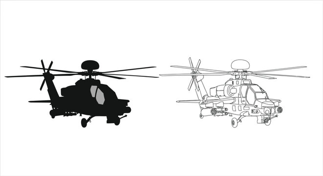 Two depictions of an apache helicopter one solid and one outlined