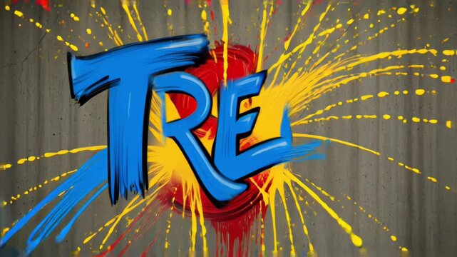 Colorful graffiti style letters with splash paint design and bold typography across urban mural background.