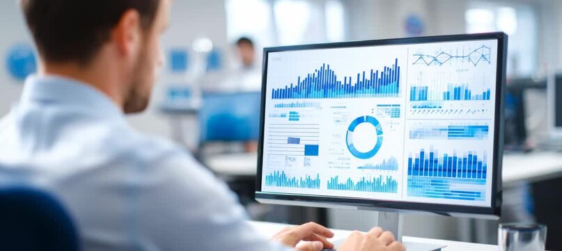 Businessman working on computer with business economy finance data. Generative video AI technology.