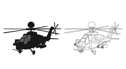Two apache helicopters depicted in silhouette and line art styles © msunny93
