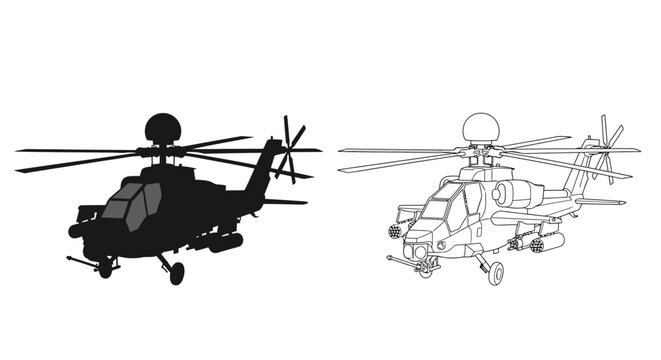 Two apache helicopters depicted in silhouette and line art styles