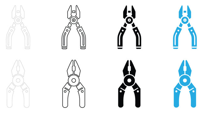 plier icon vector, pliers' tools symbol vector, silhouette and line art illustration