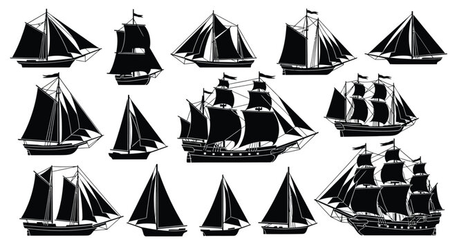 Collection of vintage sailing ships depicted in a black and white style