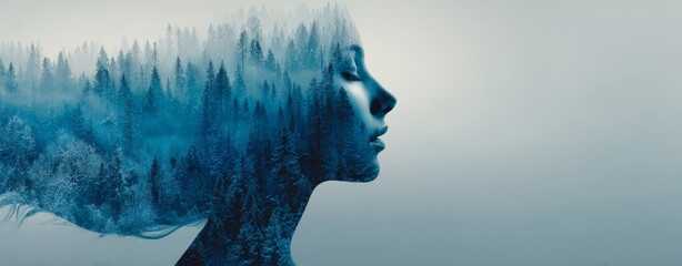 Silhouette woman, forest double exposure, mind, nature