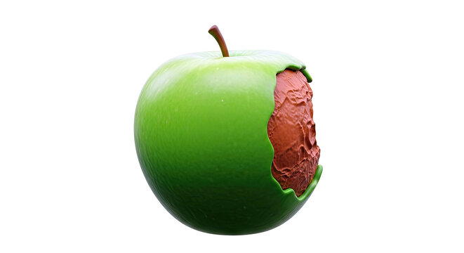 Green apple with bitten core showing rough texture