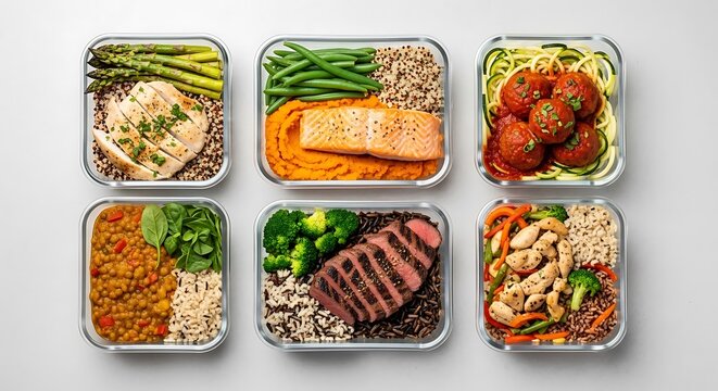 Assorted healthy meals in containers, meal prep, food, diet, nutrition, top view