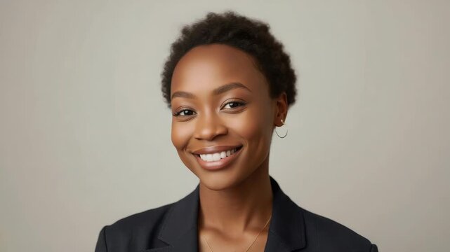 Smiling professional woman with short natural hair blazer confident headshot warm neutral portrait