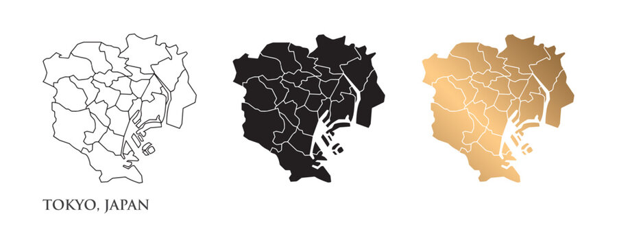 Vector illustration of a Tokyo map icon, Japan, in various styles, featuring black and gold colors. Design symbols.