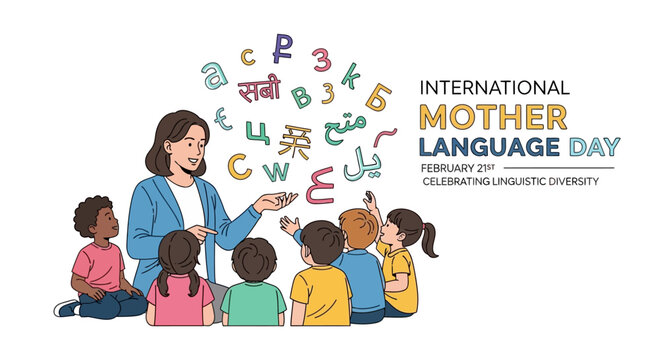 Illustration of a teacher and kids celebrating International Mother Language Day with linguistic diversity and multilingualism.