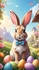 Cartoon bunny with bowtie amidst Easter eggs, spring flowers, and soft colors