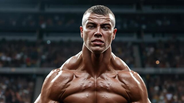 Muscular male athlete close up in stadium performing intense pushup, sweaty focused expression