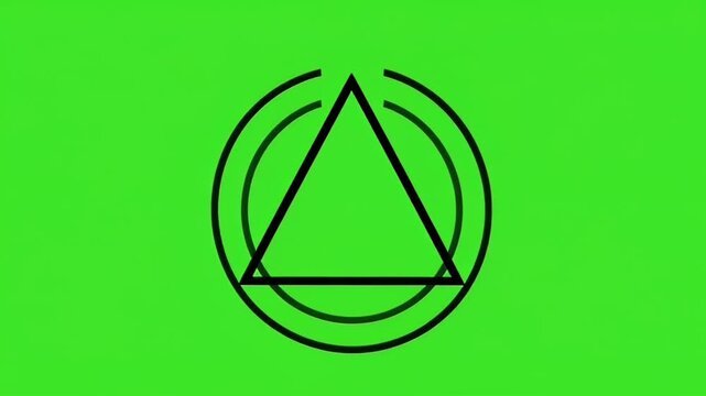 Bright lime green abstract circular triangle emblem with geometric lines on vibrant background, modern design.