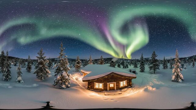 Northern Lights Aurora Borealis Over Snowy Winter Cabin and Forest at Night, 360 Degree Panorama