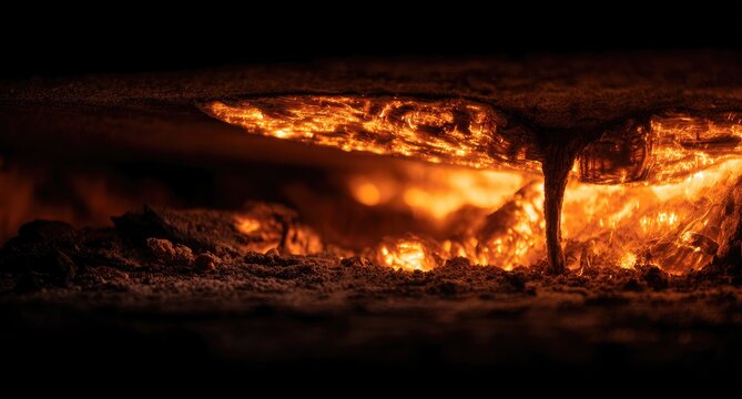 Close-up of glowing embers and flames within a firebox