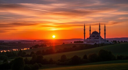 Fototapeta premium Mosque Silhouette at Sunset Landscape 1.