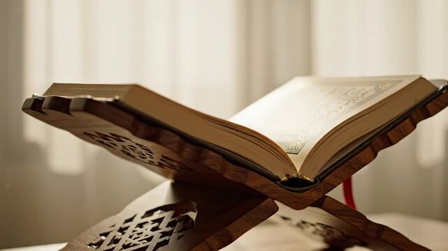 Open Holy Book on Wooden Lectern with Sunlight