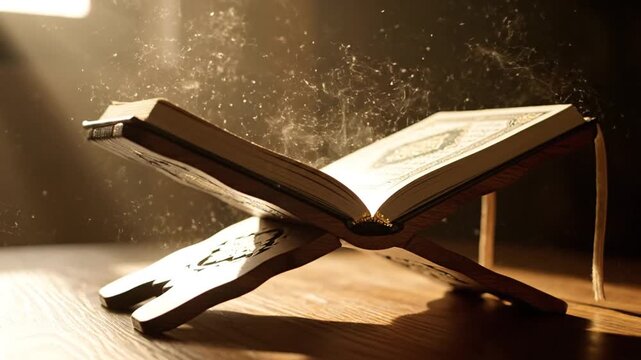 Holy Quran Open on Wooden Stand in Mystical Sunlight