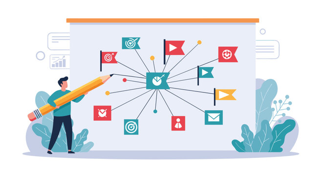 Strategic marketing expert using giant pencil to map out various communication channels on white board illustrates planning process.