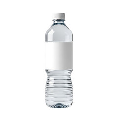 Clear plastic water bottle with a white cap and a blue label on a white background isolated on transparent background