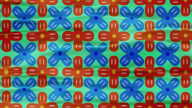 Abstract animated pattern with repeating floral shapes in blue and orange on a green background