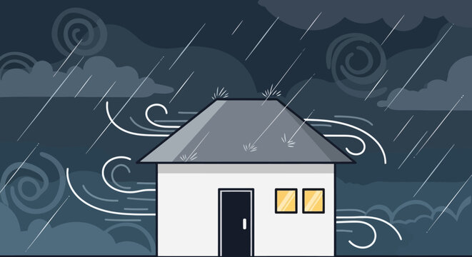 Residential house enduring a powerful storm with heavy rain and strong winds, an illustration depicting adverse weather conditions and climate impact