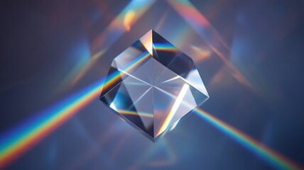 Geometric glass prism refracting light into a spectrum of rainbow colors creating abstract patterns