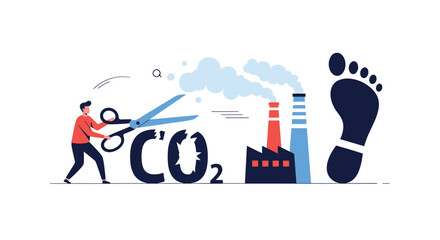 Fototapeta premium Environmental protection concept showing a man cutting the word CO2 with scissors near smoking factory chimneys and a carbon footprint.