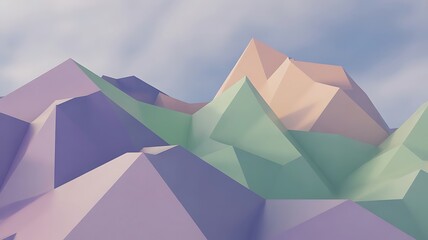 Low poly landscape with pastel colored geometric mountains and soft sky