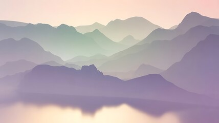 Misty mountain range layered in soft pastel colors creating a serene and dreamlike landscape