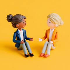 Obraz premium Two women are sitting on a yellow surface, one of them is wearing a blue jacket. They are having a conversation