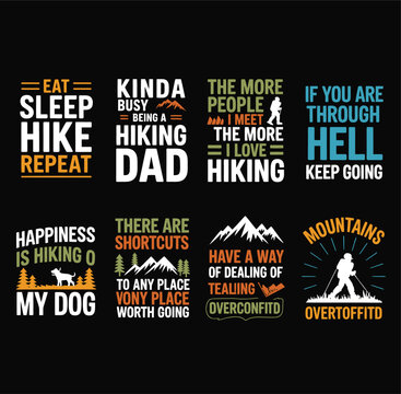 Nine colorful hiking-themed text on black background with mountains and hikers