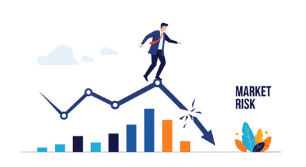 Fototapeta premium Worried businessman carefully balances on a declining line graph to represent market risk and economic instability during a crisis.