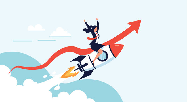 Successful businesswoman rides a rocket shaped like a rising arrow through the clouds symbolizing rapid business growth and takeoff.