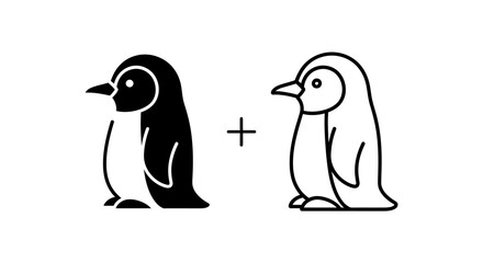 Obraz premium Penguin, cute, animals, nature, illustration, vector, cartoon, simple, line art, black and white, Vector