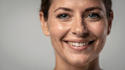 Obraz premium Candid smile in coffee shop with blank wall