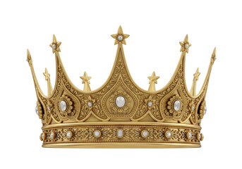 Golden royal crown with jewels and intricate details on transparent background