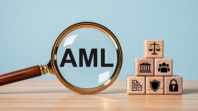 Anti money laundering concept with aml text under magnifying glass and compliance icons 
