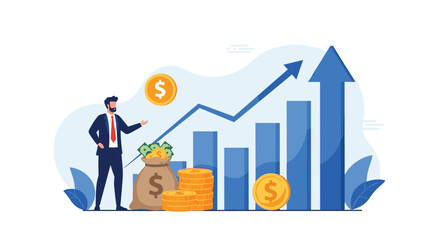 Successful businessman standing next to stacks of gold coins and a bag of money with a rising blue bar graph.