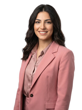 Confident young businesswoman in a pink suit smiling professionally against a white background.