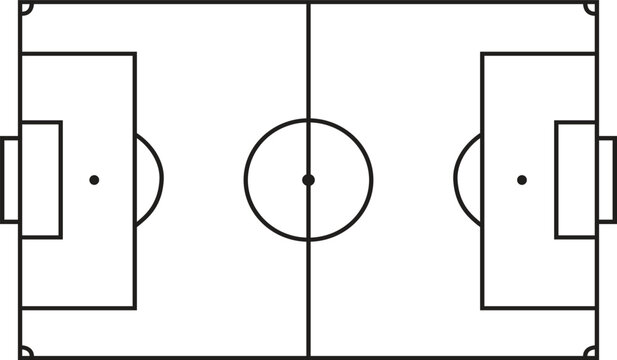 Soccer Field Pitch Diagram - Top View Minimalist Black Outline Football Field Layout for Sports Strategy and Game Tactics Vector Illustration